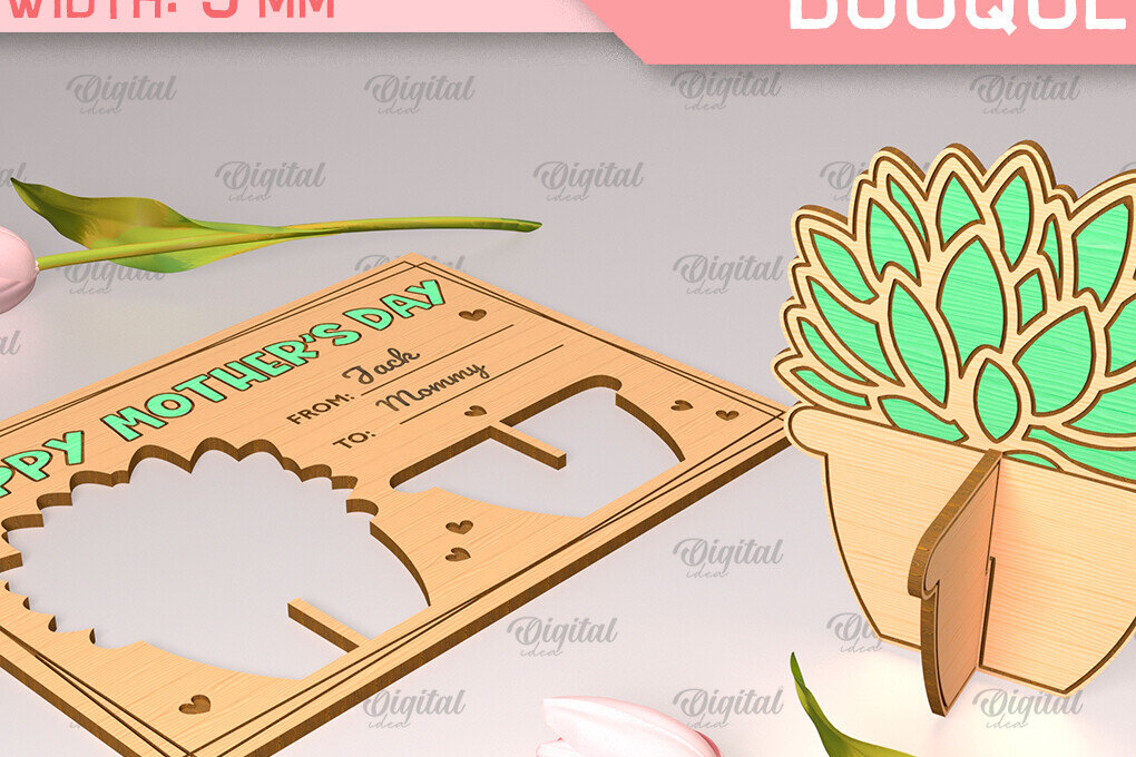 Σετ των 2 Intra απο ξύλο plywood  Χρώμα wenge 3mm-4mm πάχος - Ευχετήρια κάρτα λέιζερ. Μπουκέτο λουλουδιών Δίασταση 10x15 cm INTRAFABR-112322725