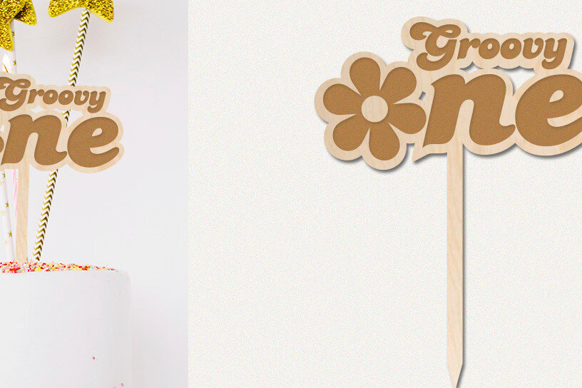 Σετ των 2 Intra απο ξύλο plywood  Χρώμα wenge 3mm-4mm πάχος - Groovy One Cake Topper , 1α γενέθλια Δίασταση 20x20 cm INTRAFABR-119190164
