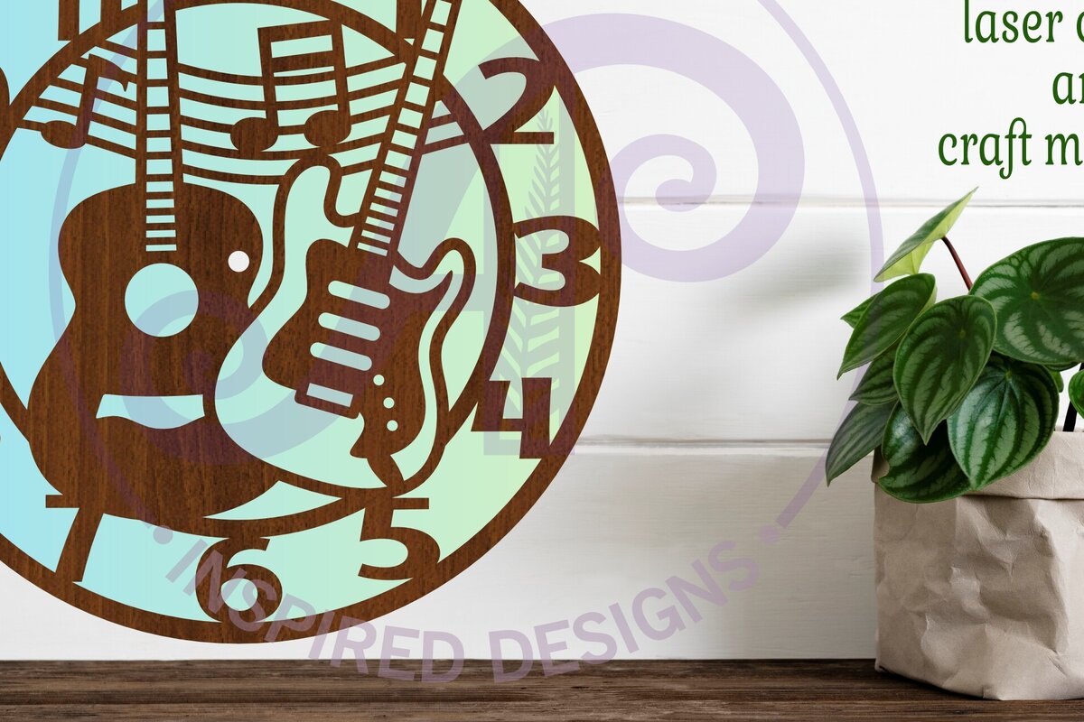 Intra απο ξύλο plywood  Χρώμα wenge 3mm-4mm πάχος - Κιθάρες Ρολόι τοίχου με λέιζερ κομμένα αρχεία, Δίασταση 30x20 cm INTRAFABR-83025507