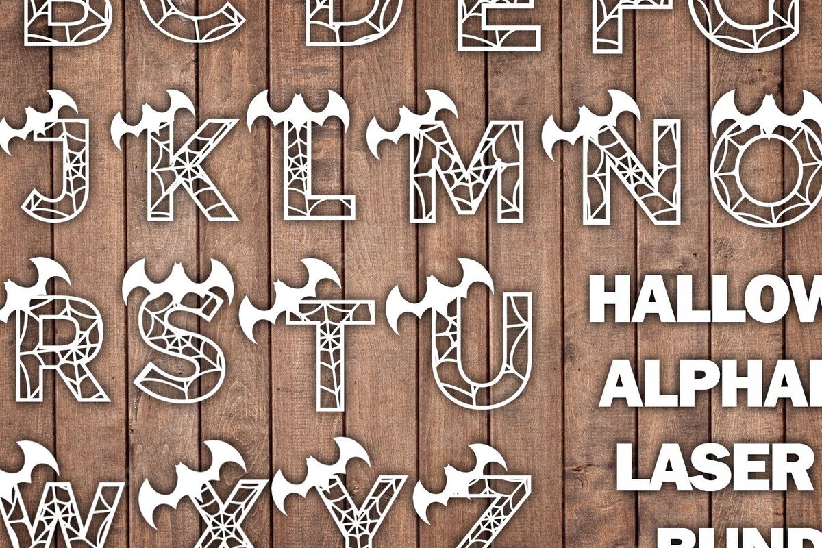 Σετ των 2 Intra απο ξύλο plywood  Χρώμα wenge 3mm-4mm πάχος - Πακέτο αποκοπής με λέιζερ Halloween Alphabet Δίασταση 15x15 cm INTRAFABR-17728412