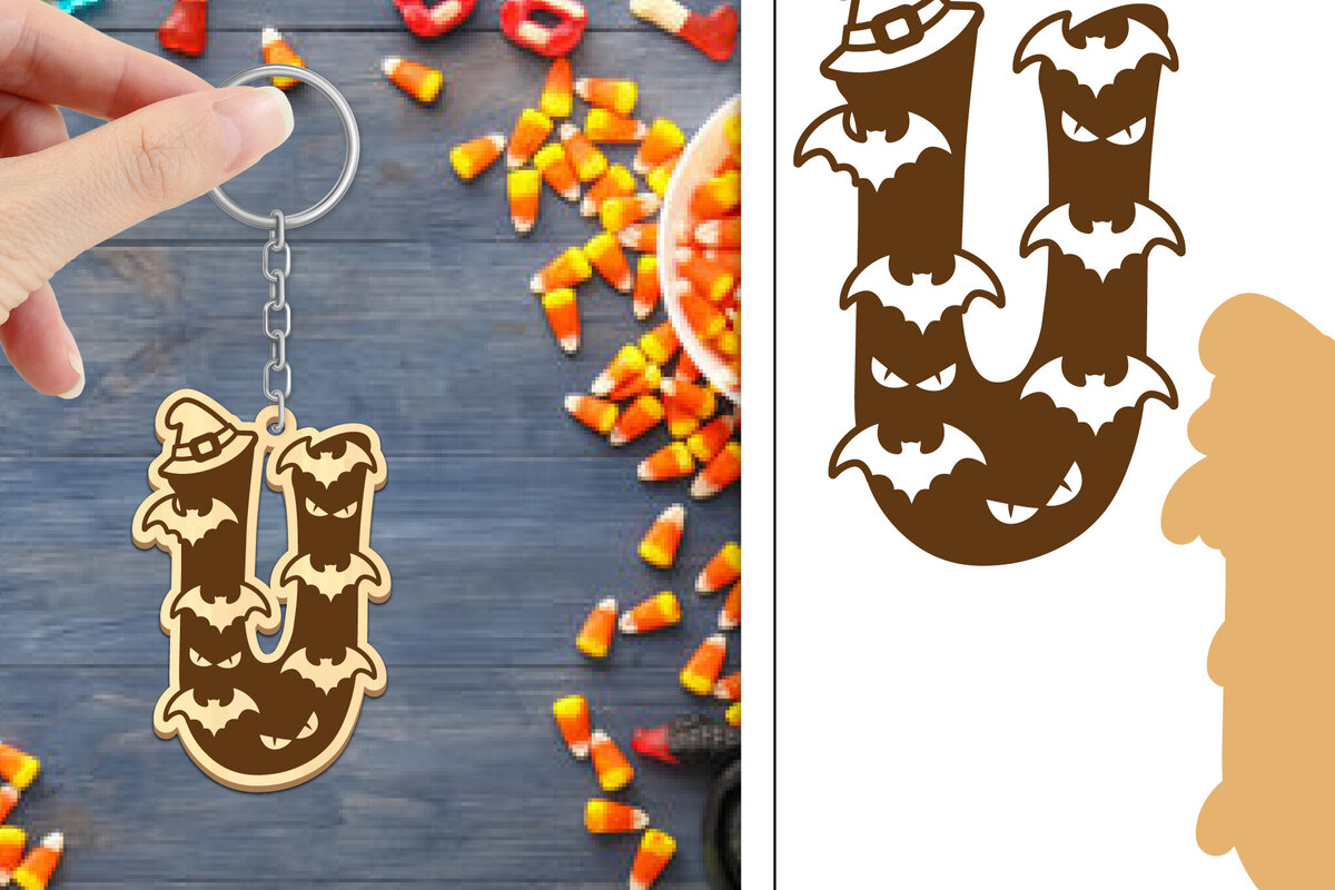 Σετ των 2 Intra απο ξύλο plywood  Χρώμα wenge 3mm-4mm πάχος - με μπρελόκ Halloween Aphabet Δίασταση 4x4 cm INTRAFABR-17728383