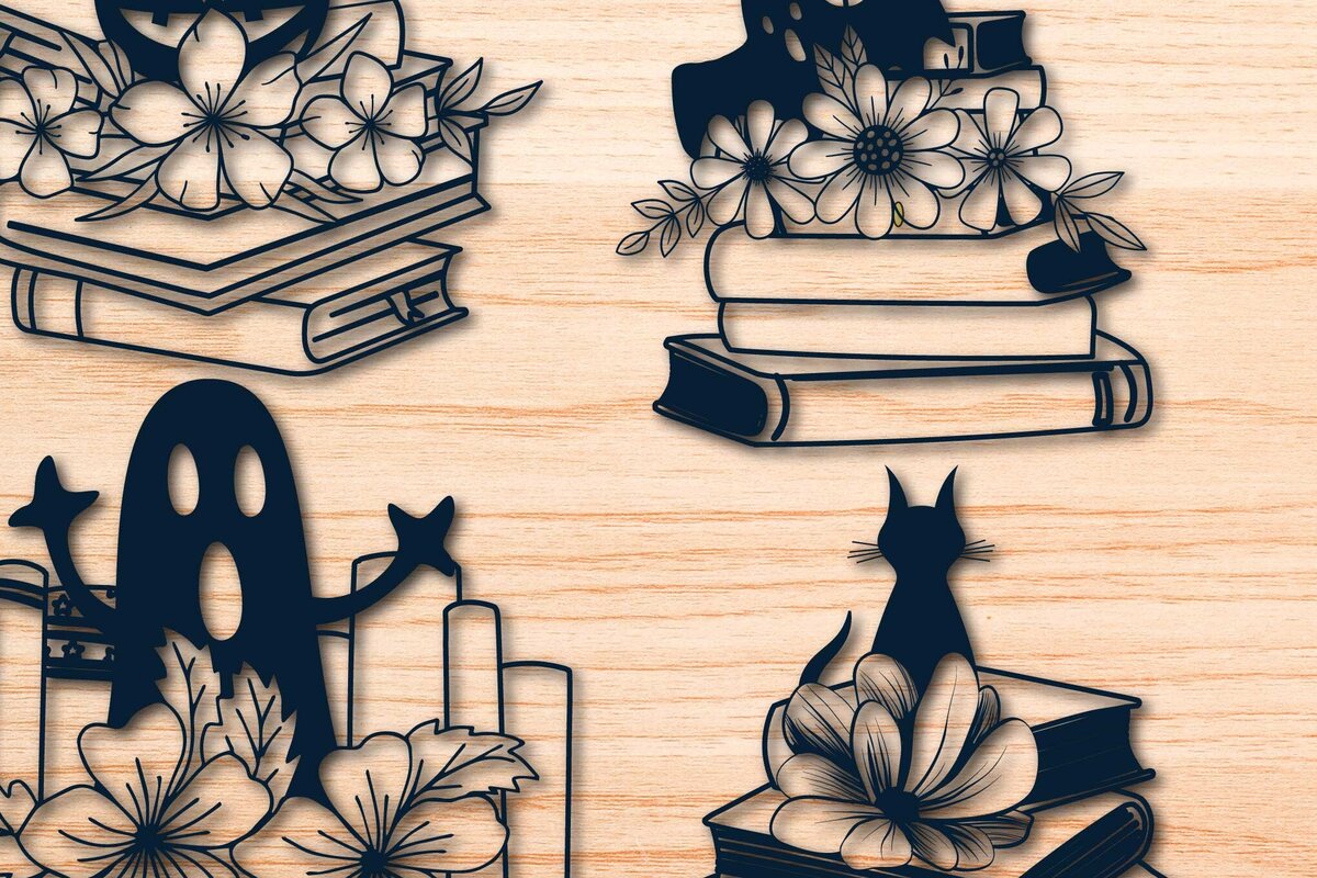 Σετ των 2 Intra απο ξύλο plywood  Χρώμα wenge 3mm-4mm πάχος - Πακέτο Halloween Book Lover Δίασταση 4x4 cm INTRAFABR-116647561