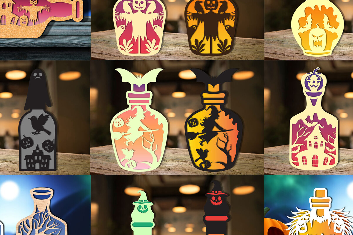 Σετ των 2 Intra απο ξύλο plywood  Χρώμα wenge 3mm-4mm πάχος - Δέσμη Bottle Halloween Δίασταση 15x15 cm INTRAFABR-15097093