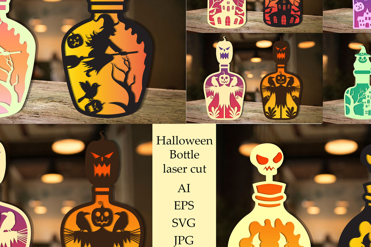 Σετ των 2 Intra απο ξύλο plywood  Χρώμα wenge 3mm-4mm πάχος - Δέσμη Bottle Halloween Δίασταση 15x15 cm INTRAFABR-15097273