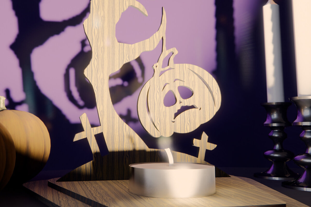 Σετ των 2 Intra απο ξύλο plywood  Χρώμα wenge 3mm-4mm πάχος - Κηροπήγιο αποκριών. 3D Pumpkin Δίασταση 15x15 cm INTRAFABR-14861664