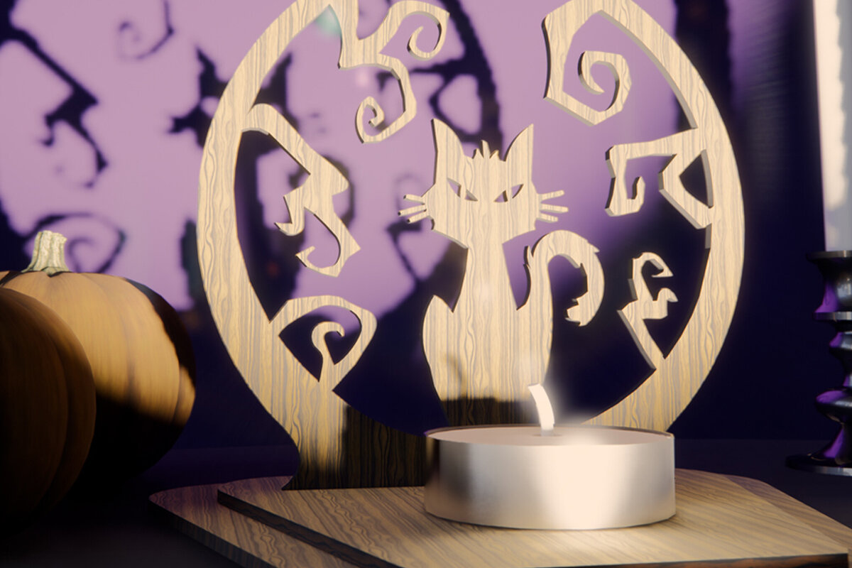 Σετ των 2 Intra απο ξύλο plywood  Χρώμα wenge 3mm-4mm πάχος - Κηροπήγιο Halloween Black Cat Δίασταση 15x15 cm INTRAFABR-14913560