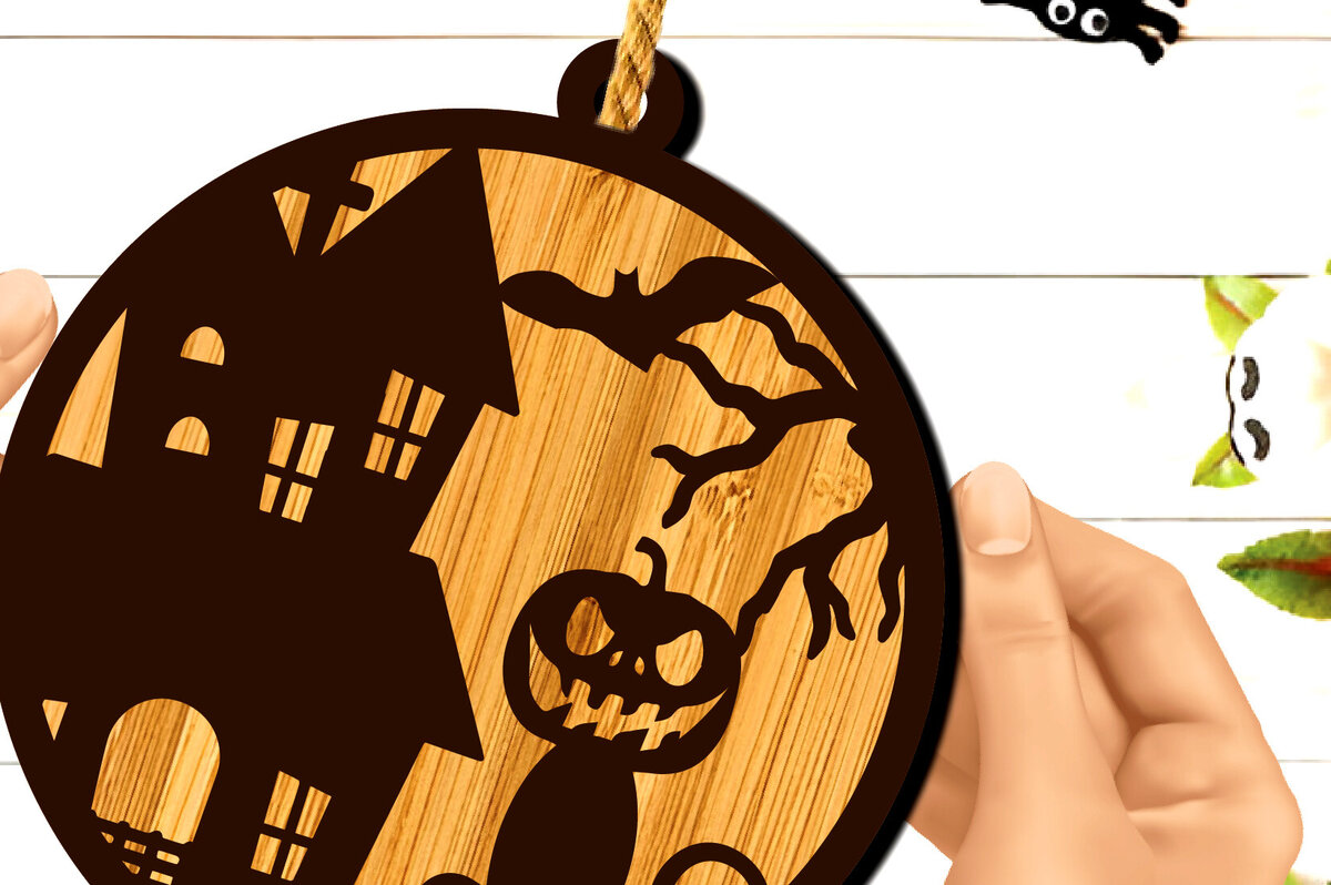 Σετ των 2 Intra απο ξύλο plywood  Χρώμα wenge 3mm-4mm πάχος - Κρεμαστό σημάδι πόρτας αποκριών γάτας Δίασταση 15x15 cm INTRAFABR-17663755