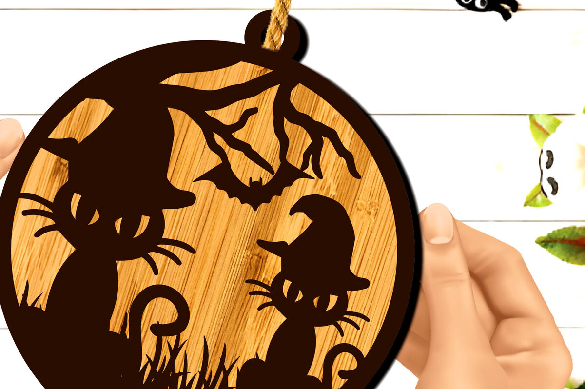 Σετ των 2 Intra απο ξύλο plywood  Χρώμα wenge 3mm-4mm πάχος - Κρεμαστό σημάδι γάτας αποκριών Δίασταση 15x15 cm INTRAFABR-17664485