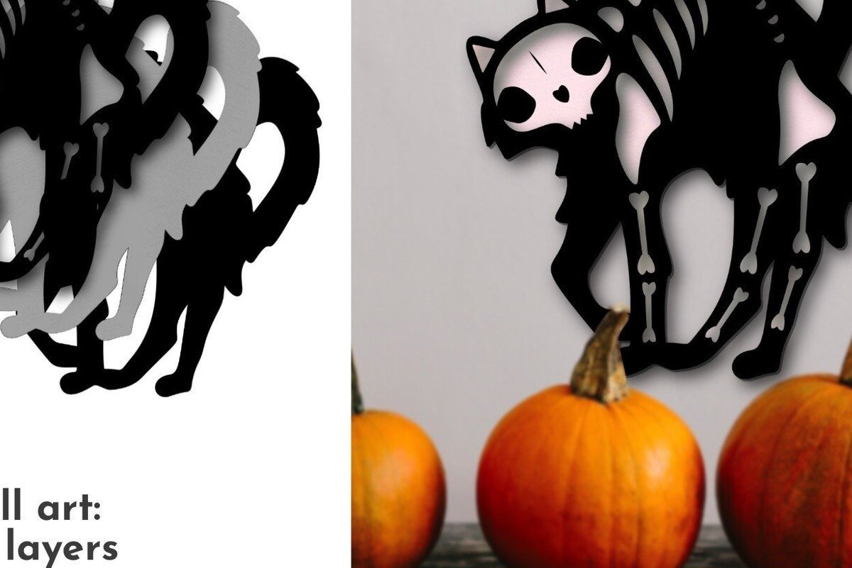 Intra απο ξύλο plywood  Χρώμα wenge 3mm-4mm πάχος - με λέιζερ αποκριάτικων γατών, κρανίο Δίασταση 40x50 cm INTRAFABR-17665126