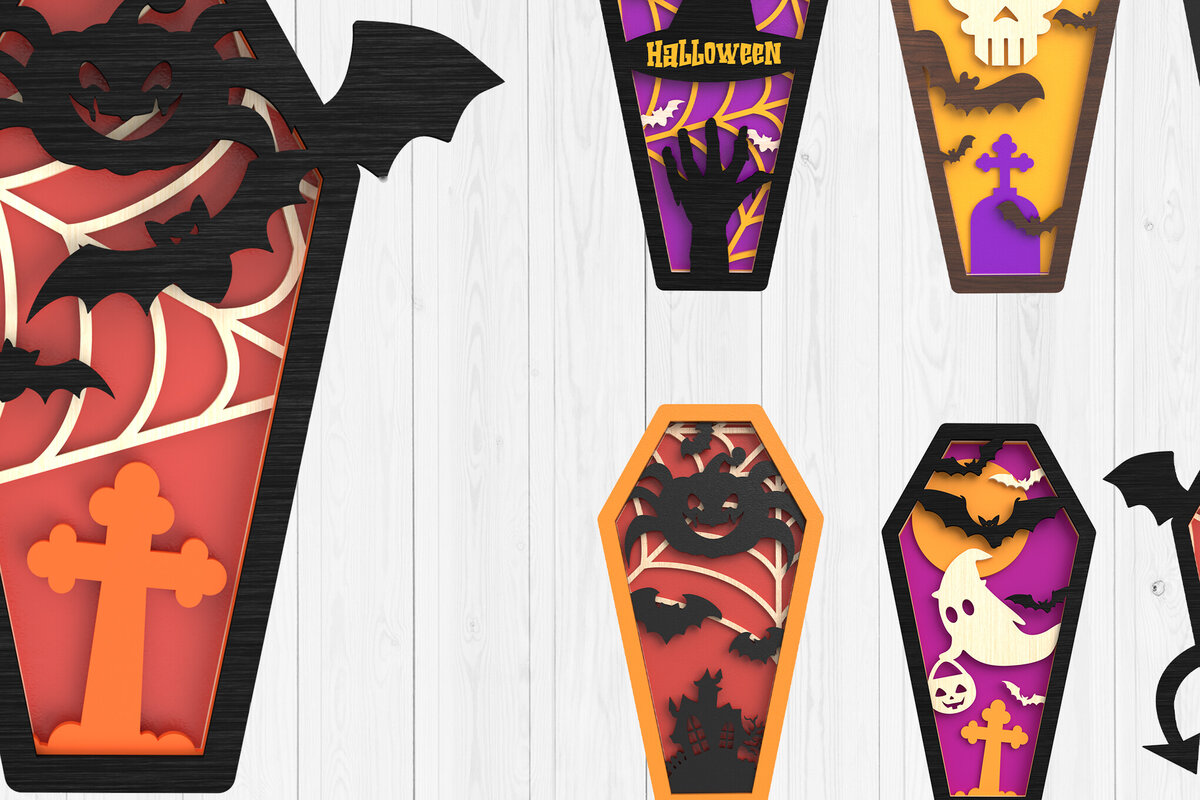 Σετ των 2 Intra απο ξύλο plywood  Χρώμα wenge 3mm-4mm πάχος - Πακέτο Halloween Coffin 3D Δίασταση 15x15 cm INTRAFABR-23806390