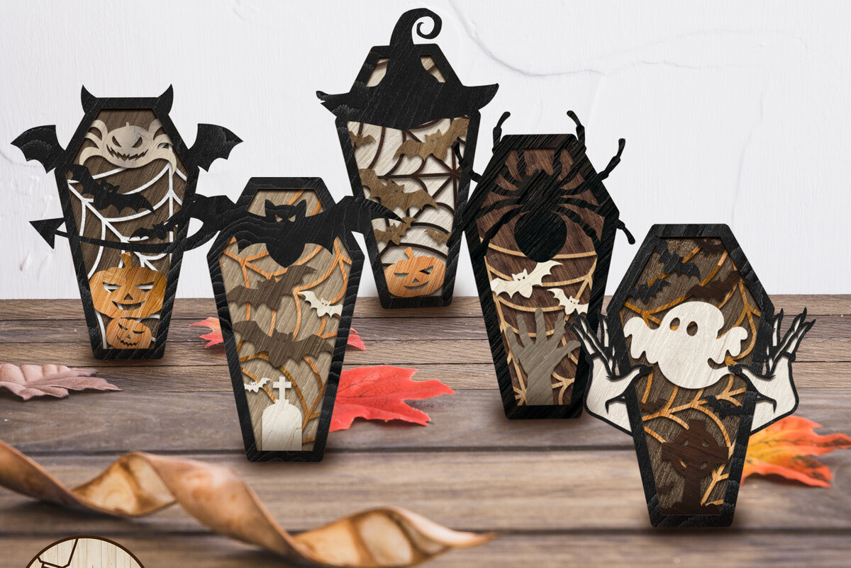 Σετ των 2 Intra απο ξύλο plywood  Χρώμα wenge 3mm-4mm πάχος - Πρότυπο κοπής πολλών επιπέδων αποκριάτικων φέρετρων Δίασταση 8x13 cm INTRAFABR-19044864