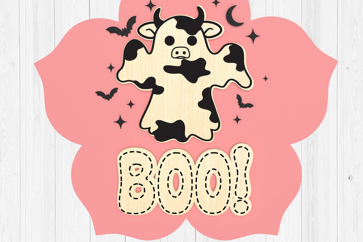 Σετ των 2 Intra απο ξύλο plywood  Χρώμα wenge 3mm-4mm πάχος - Σήμα καλωσορίσματος Halloween Cow Boo 3d Δίασταση 15x15 cm INTRAFABR-17407150