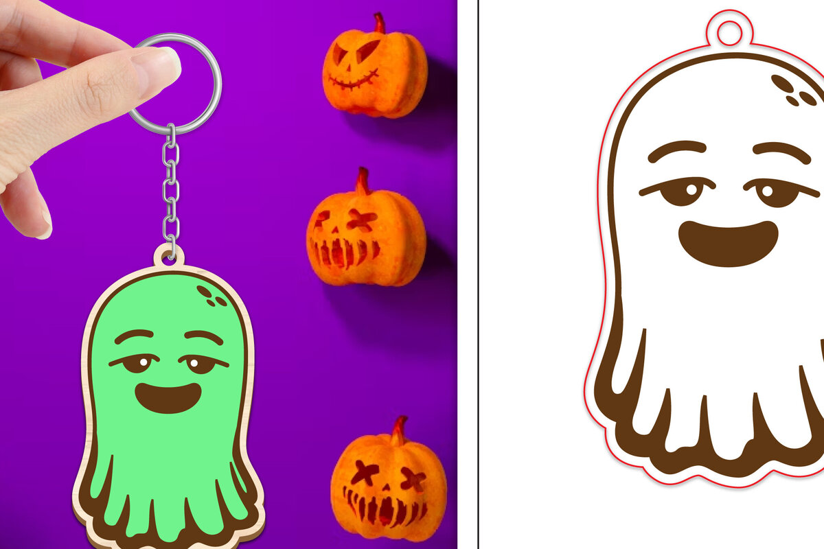 Σετ των 2 Intra απο ξύλο plywood  Χρώμα wenge 3mm-4mm πάχος - Halloween Cute Ghost Keychain Δίασταση 4x4 cm INTRAFABR-17242466