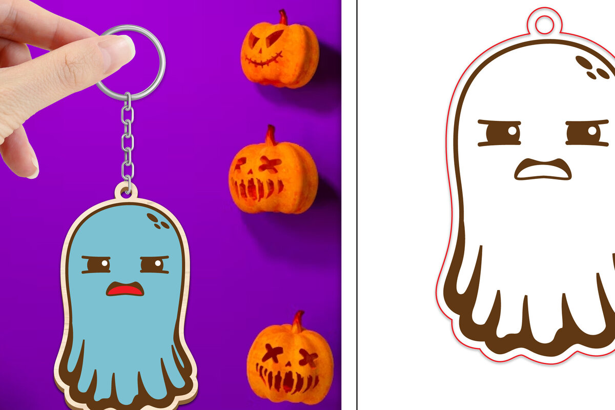 Σετ των 2 Intra απο ξύλο plywood  Χρώμα wenge 3mm-4mm πάχος - Halloween Cute Ghost Keychain Δίασταση 4x4 cm INTRAFABR-15679709