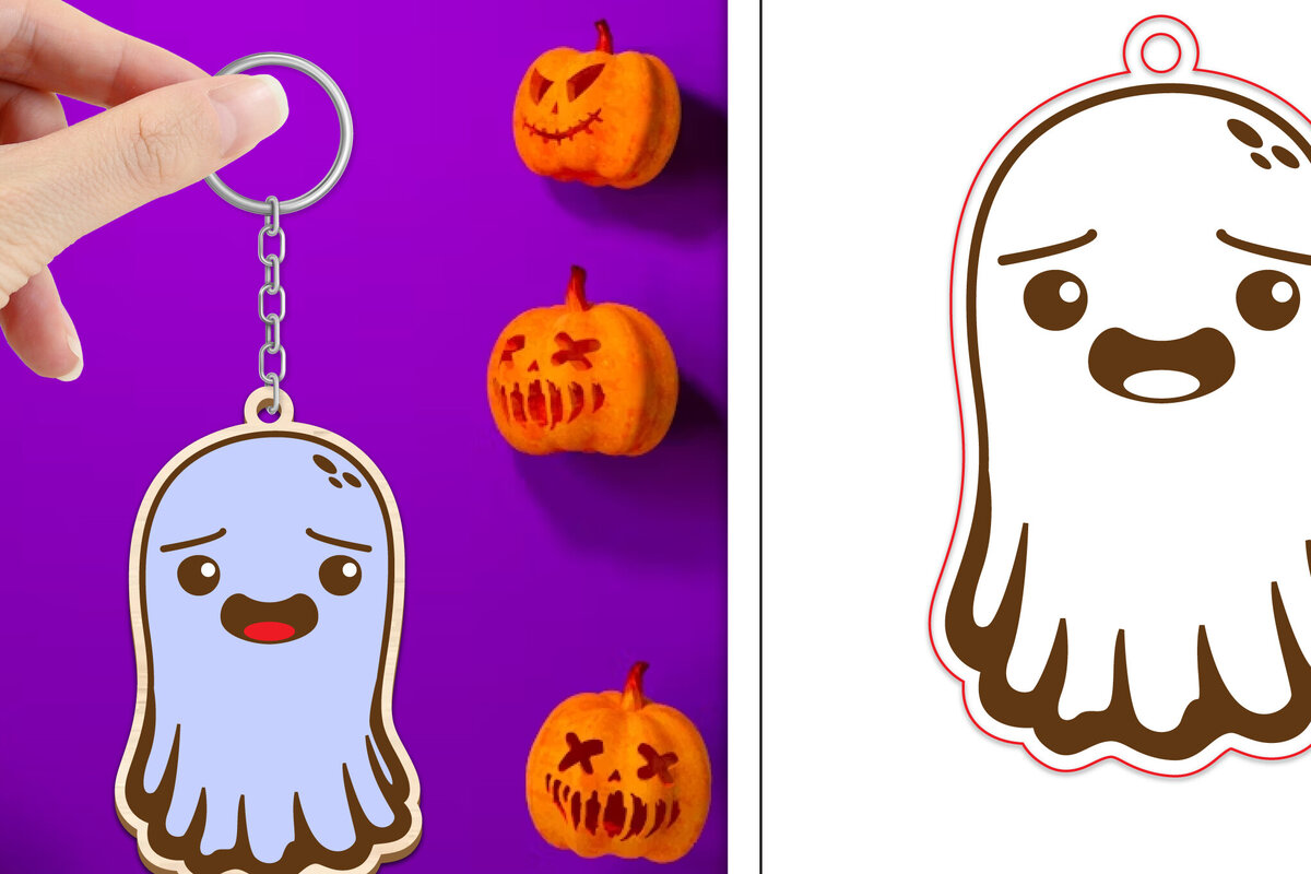 Σετ των 2 Intra απο ξύλο plywood  Χρώμα wenge 3mm-4mm πάχος - Halloween Cute Ghost Keychain Δίασταση 4x4 cm INTRAFABR-15679650
