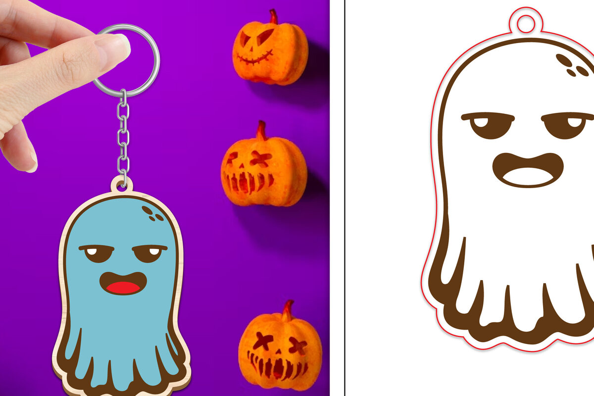 Σετ των 2 Intra απο ξύλο plywood  Χρώμα wenge 3mm-4mm πάχος - Halloween Cute Ghost Keychain Δίασταση 4x4 cm INTRAFABR-9776353