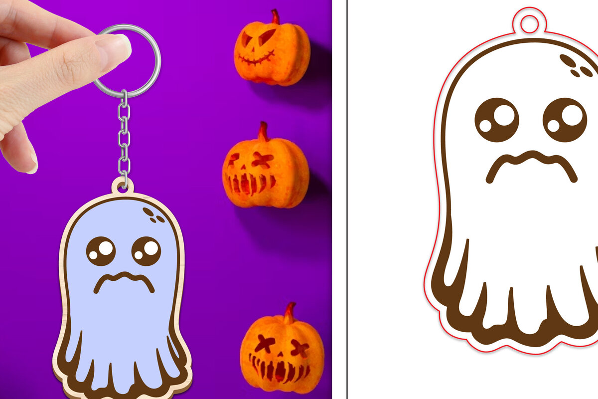 Σετ των 2 Intra απο ξύλο plywood  Χρώμα wenge 3mm-4mm πάχος - Halloween Cute Ghost Keychain Δίασταση 4x4 cm INTRAFABR-9700978