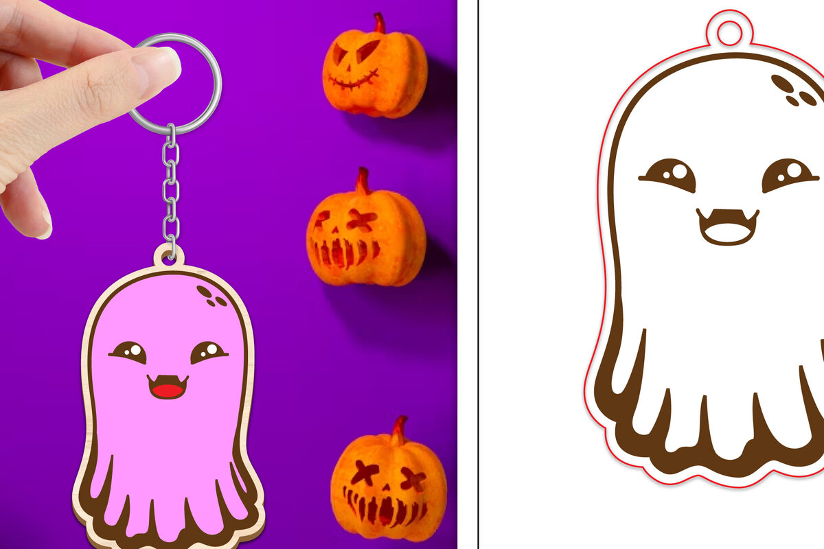 Σετ των 2 Intra απο ξύλο plywood  Χρώμα wenge 3mm-4mm πάχος - Halloween Cute Ghost Keychain Δίασταση 4x4 cm INTRAFABR-9435263