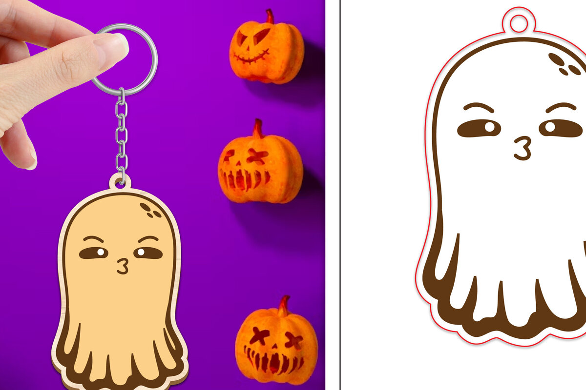 Σετ των 2 Intra απο ξύλο plywood  Χρώμα wenge 3mm-4mm πάχος - Halloween Cute Ghost Keychain Δίασταση 4x4 cm INTRAFABR-9510174