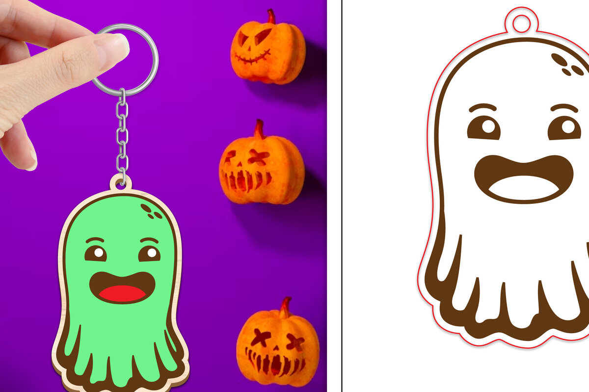 Σετ των 2 Intra απο ξύλο plywood  Χρώμα wenge 3mm-4mm πάχος - Halloween Cute Ghost Keychain Δίασταση 4x4 cm INTRAFABR-9746896