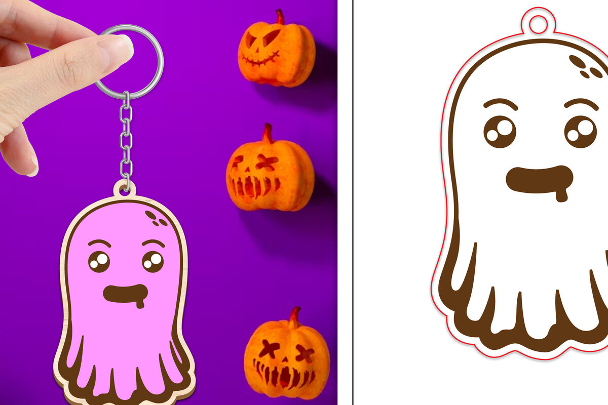 Σετ των 2 Intra απο ξύλο plywood  Χρώμα wenge 3mm-4mm πάχος - Halloween Cute Ghost Keychain Δίασταση 4x4 cm INTRAFABR-9489289