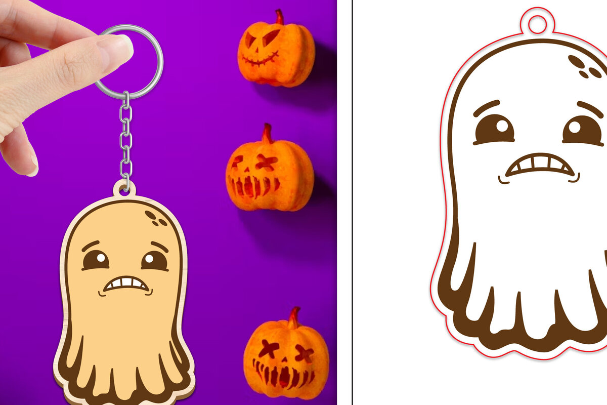 Σετ των 2 Intra απο ξύλο plywood  Χρώμα wenge 3mm-4mm πάχος - Halloween Cute Ghost Keychain Δίασταση 4x4 cm INTRAFABR-9553246