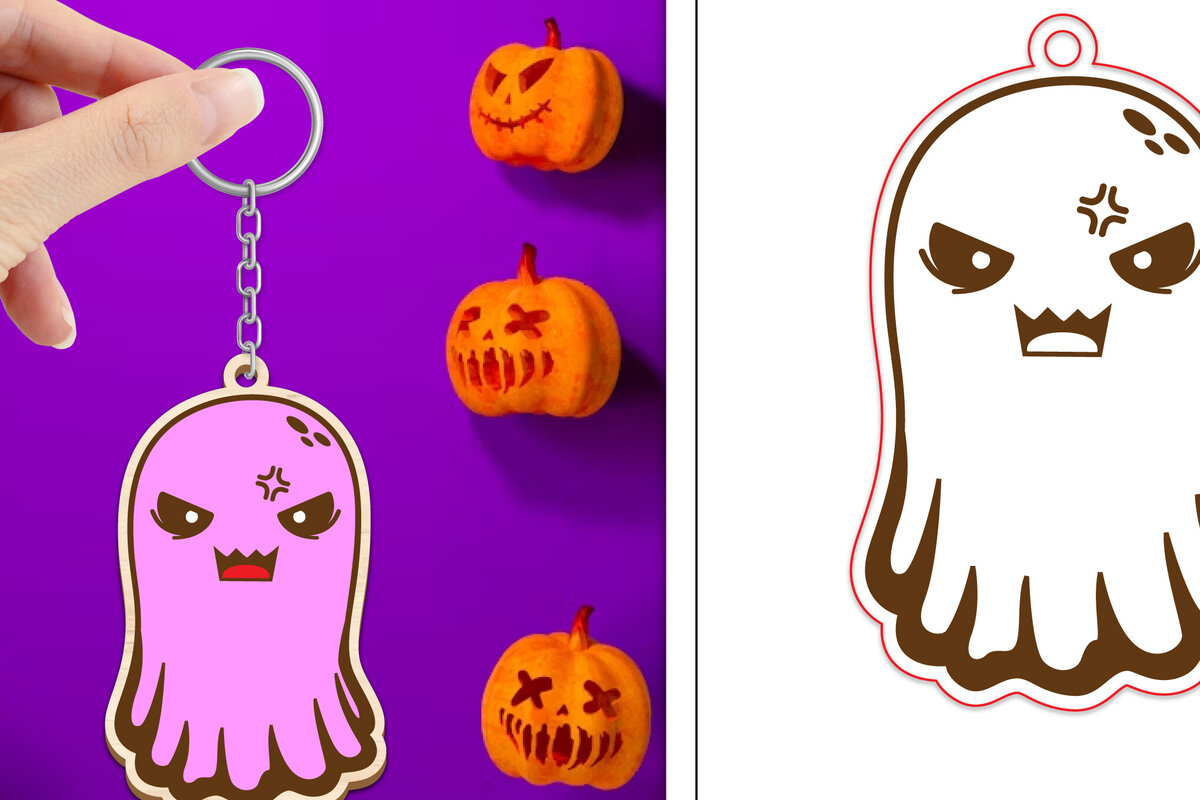 Σετ των 2 Intra απο ξύλο plywood  Χρώμα wenge 3mm-4mm πάχος - Halloween Cute Ghost Keychain Δίασταση 4x4 cm INTRAFABR-11144074