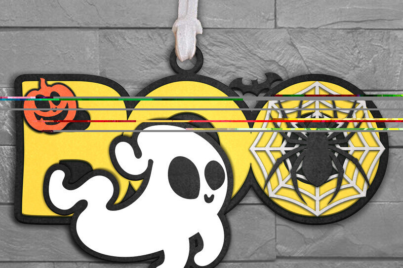 Σετ των 2 Intra απο ξύλο plywood  Χρώμα wenge 3mm-4mm πάχος - Χαριτωμένο φάντασμα αποκριών με μπροστινή πόρτα Boo Δίασταση 6x6 cm INTRAFABR-10100893