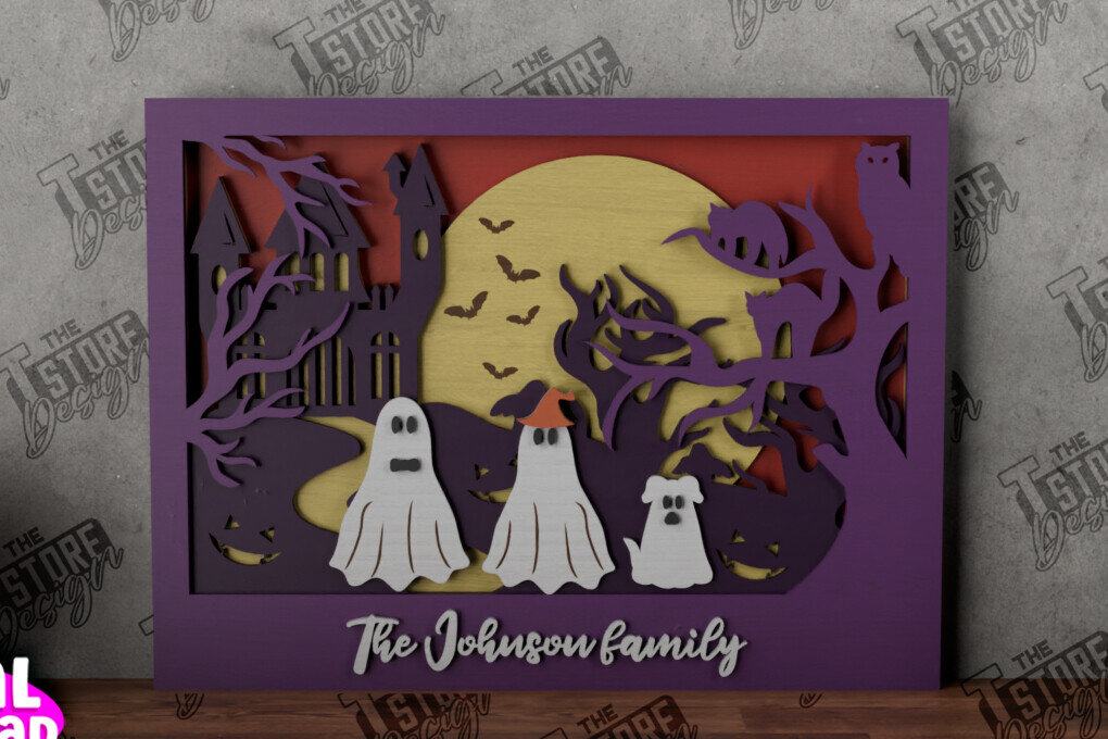 Σετ των 2 Intra απο ξύλο plywood  Χρώμα wenge 3mm-4mm πάχος - Halloween Family Sign|3D Halloween Scene Δίασταση 15x15 cm INTRAFABR-98902777