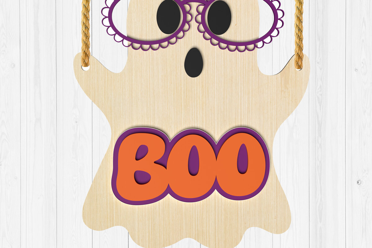Σετ των 2 Intra απο ξύλο plywood  Χρώμα wenge 3mm-4mm πάχος - Halloween Ghost BOO Sign 3D Δίασταση 15x15 cm INTRAFABR-106470614