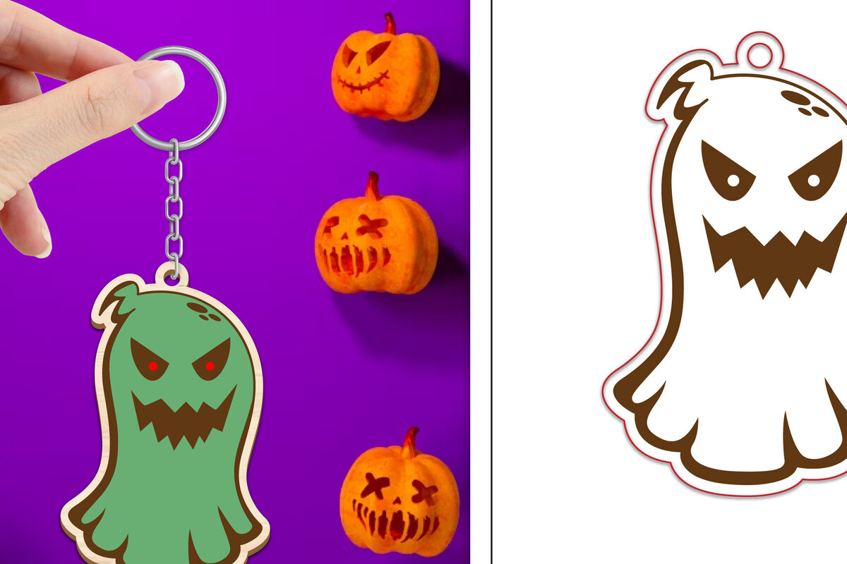 Σετ των 2 Intra απο ξύλο plywood  Χρώμα wenge 3mm-4mm πάχος - με μπρελόκ Halloween Ghost Δίασταση 4x4 cm INTRAFABR-71980078