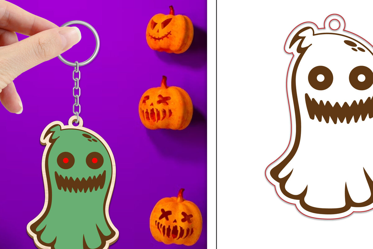 Σετ των 2 Intra απο ξύλο plywood  Χρώμα wenge 3mm-4mm πάχος - με μπρελόκ Halloween Ghost Δίασταση 4x4 cm INTRAFABR-71980281