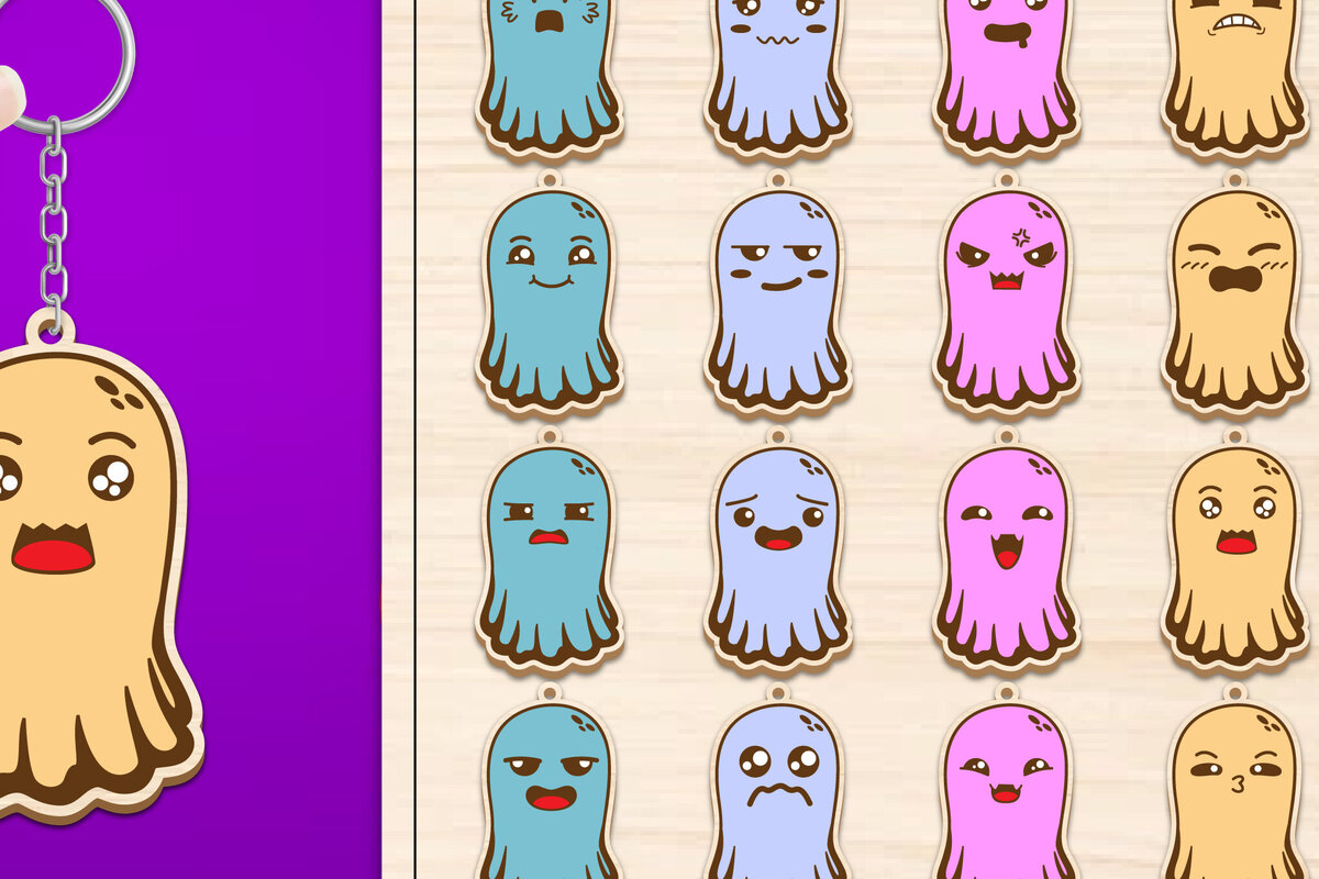 Σετ των 2 Intra απο ξύλο plywood  Χρώμα wenge 3mm-4mm πάχος - Πακέτο κοπής με μπρελόκ Halloween Ghost Δίασταση 4x4 cm INTRAFABR-71980420