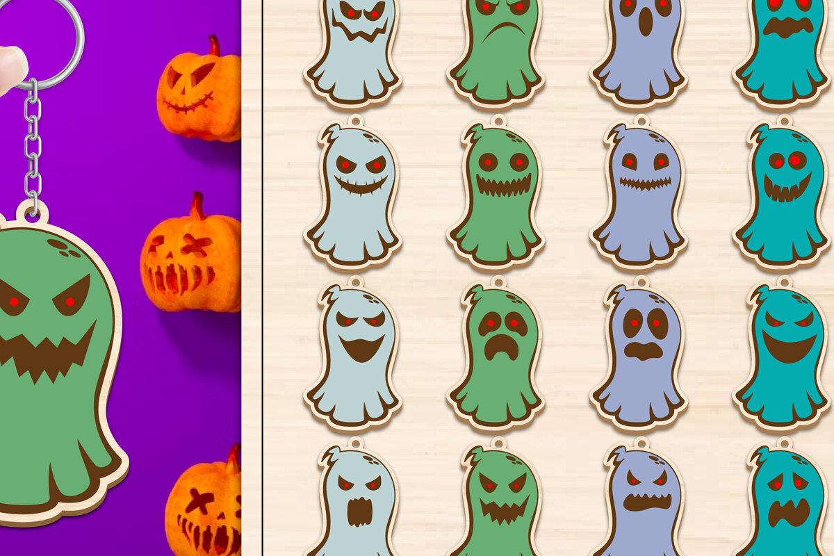 Σετ των 2 Intra απο ξύλο plywood  Χρώμα wenge 3mm-4mm πάχος - Πακέτο κοπής με μπρελόκ Halloween Ghost Δίασταση 4x4 cm INTRAFABR-71980456