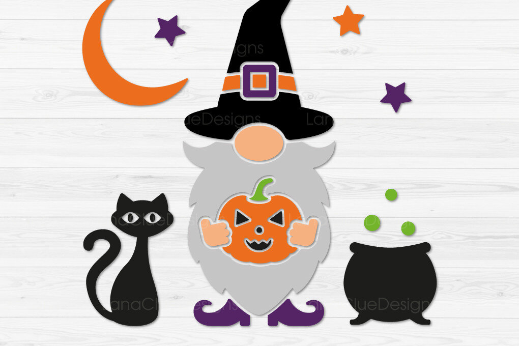 Σετ των 2 Intra απο ξύλο plywood  Χρώμα wenge 3mm-4mm πάχος - Halloween Gnome με μαύρη γάτα κολοκύθας Δίασταση 15x15 cm INTRAFABR-119872630