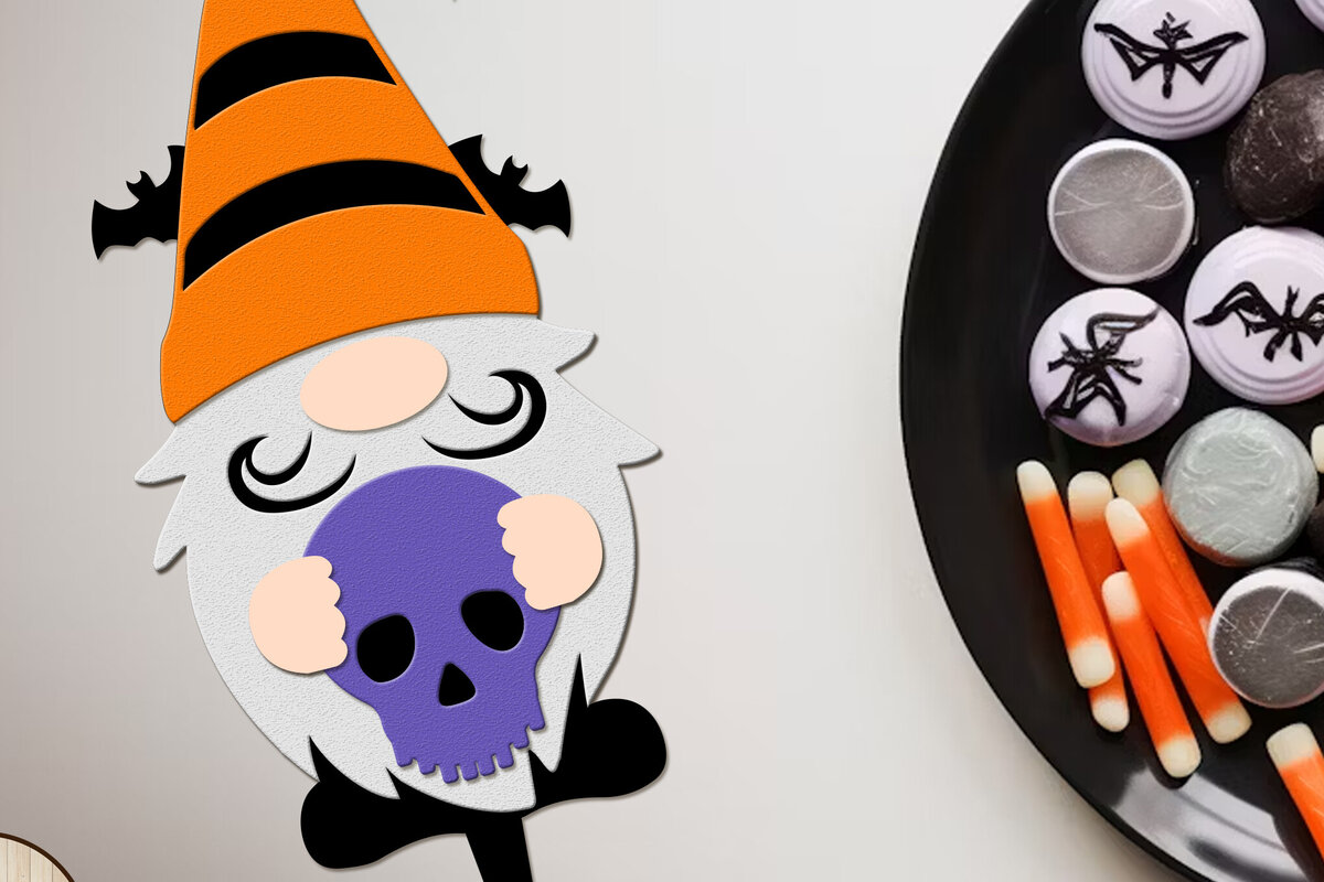 Σετ των 2 Intra απο ξύλο plywood  Χρώμα wenge 3mm-4mm πάχος - Halloween Gnome με το κρανίο Δίασταση 4x11 cm INTRAFABR-119872671