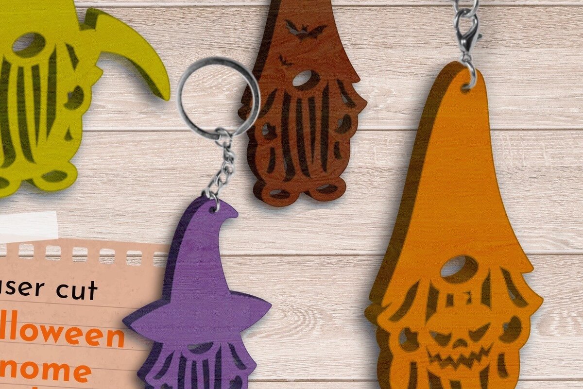 Σετ των 2 Intra απο ξύλο plywood  Χρώμα wenge 3mm-4mm πάχος - κοπής λέιζερ με μπρελόκ Halloween Gnomes Δίασταση 4x4 cm INTRAFABR-119872692