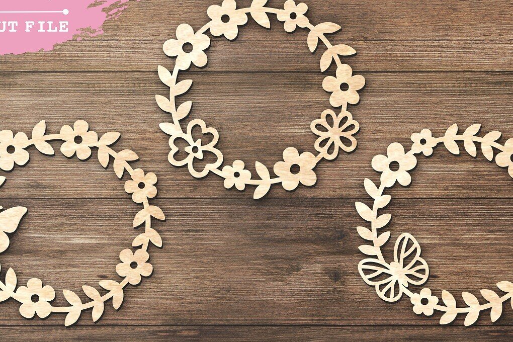 Σετ των 2 Intra απο ξύλο plywood 3mm-4mm πάχος – Αρχεία κομμένα με λέιζερ όμορφα Floral στεφάνι Δίασταση  20x20 cm INTRAFABR-124596367