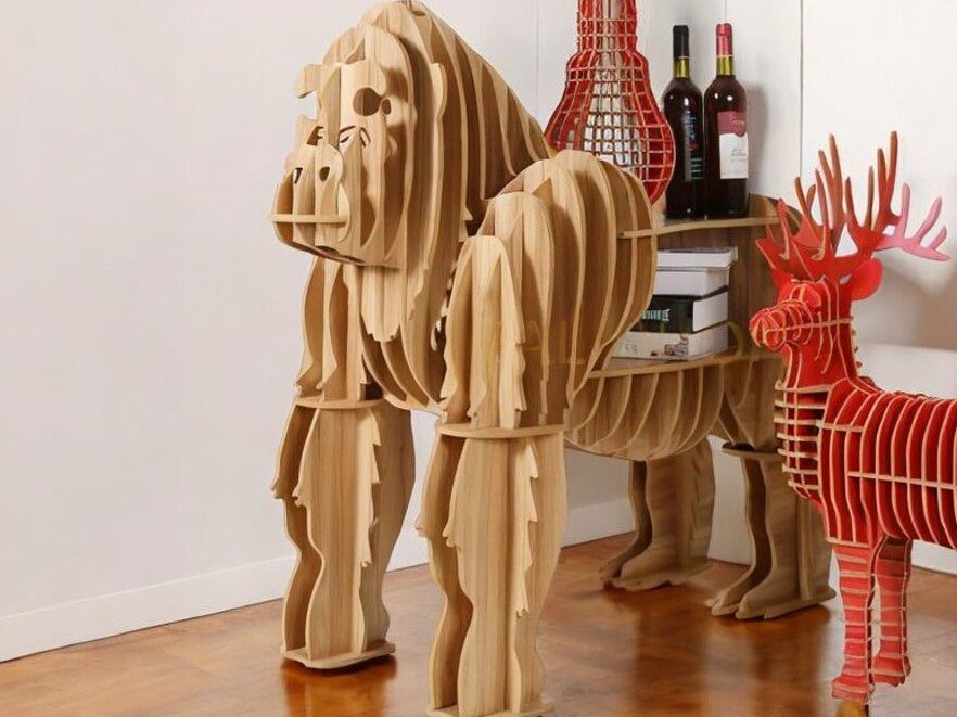 Σετ των 3 Intra απο ξύλο plywood 3mm-4mm πάχος – Βιβλιοθήκη σε σχήμα Γορίλας Ξύλινο Βοηθητικό Τραπέζι 45x50 cm INTRAVECTRY-MY545098