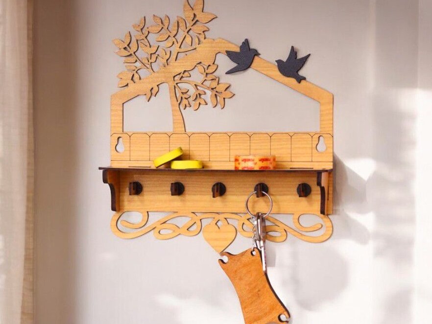 Σετ των 2 Intra απο ξύλο plywood 3mm-4mm πάχος – Επιτοίχια κλειδοθήκη με δέντρο και πουλιά 50x60 cm INTRAVECTRY-MY542947