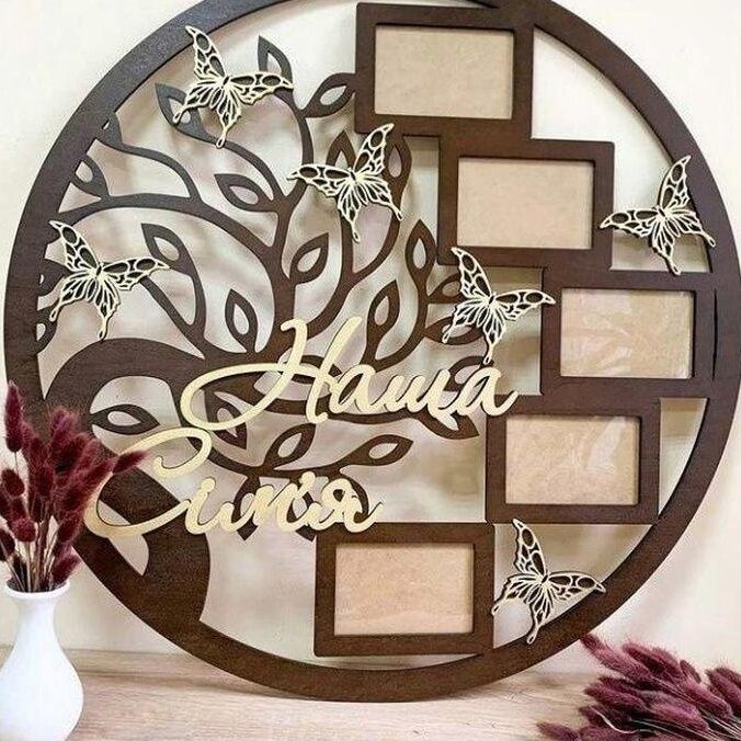 Σετ των 2 Intra απο ξύλο plywood 3mm-4mm πάχος – Στρογγυλό ξύλο κολάζ οικογενειακής κορνίζας 10x10 cm INTRAVECTRY-MY543586