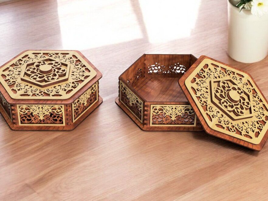 Σετ των 3 Intra απο ξύλο plywood 3mm-4mm πάχος – Ξύλινο εξάγωνο κουτί 5mm 15x15 cm INTRAVECTRY-MY560052