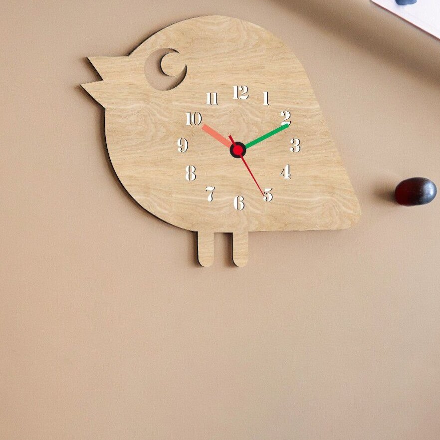 Intra απο ξύλο plywood 3mm-4mm πάχος – Χαριτωμένο ρολόι τοίχου κινουμένων σχεδίων πουλί για το παιδικό δωμάτιο 40x40 cm INTRAVECTRY-MY547437