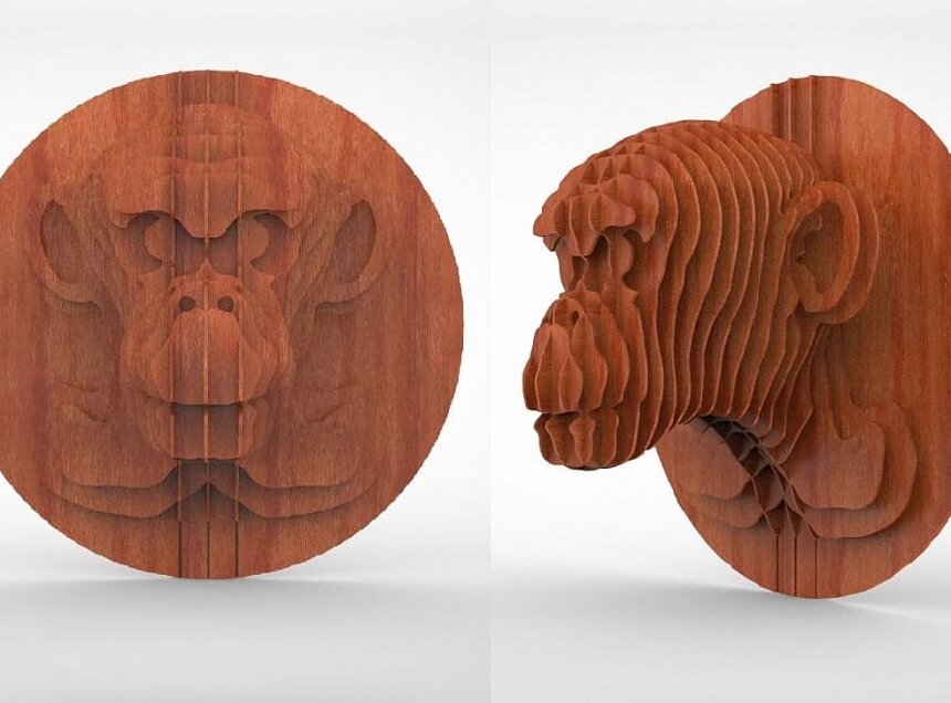 Σετ των 3 Intra απο ξύλο plywood 3mm-4mm πάχος – Monkey Trophy Head 3D ξύλινο κιτ μοντέλου παζλ ξύλο 3mm 40x45 cm INTRAVECTRY-MY545166