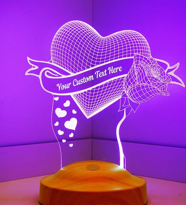 Intra απο ξύλο plywood 3mm-4mm πάχος – Χαραγμένη με λέιζερ Καρδιά με Τριαντάφυλλο Προσαρμοσμένο 3D Λαμπτήρα Ψευδαίσθησης 45x50 cm INTRAVECTRY-MY544958