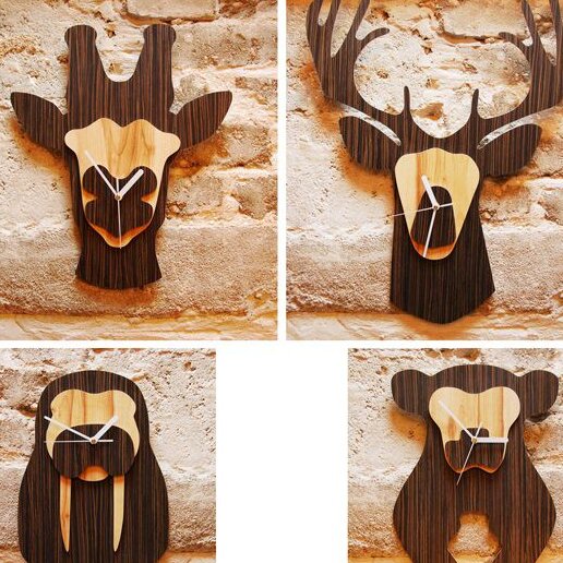 Σετ των 3 Intra απο ξύλο plywood 3mm-4mm πάχος – ξύλο ρολογιού τοίχου Safari Animal Heads 40x40 cm INTRAVECTRY-MY545120