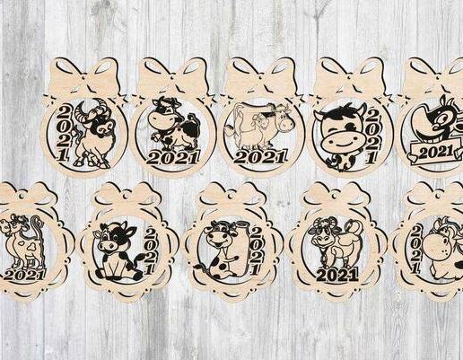 Σετ των 3 Intra απο ξύλο plywood 3mm-4mm πάχος – ξύλο συλλογής New Year Ox Pendant Bauble 30x35 cm INTRAVECTRY-MY558220