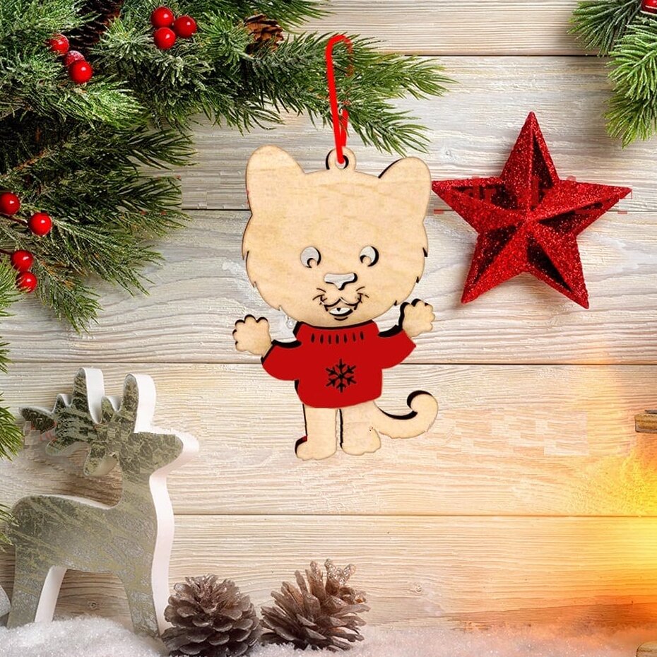 Σετ των 3 Intra απο ξύλο plywood 3mm-4mm πάχος – Ξύλινο Χριστουγεννιάτικο Κρεμαστό Στολίδι Τίγρης σε Λίμα Πουλόβερ 45x50 cm INTRAVECTRY-MY545806