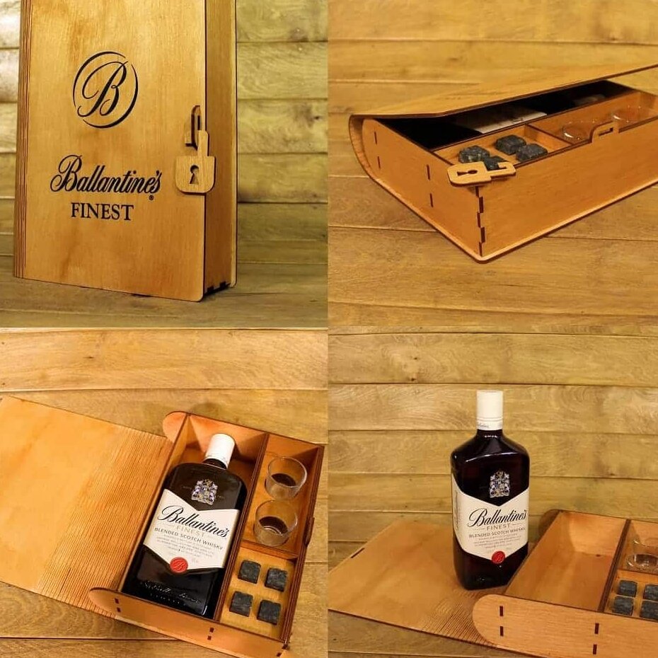 Σετ των 2 Intra απο ξύλο plywood 3mm-4mm πάχος – ξύλο κουτιού συσκευασίας με χαραγμένο ουίσκι Ballantines Finest σετ δώρου 20x25 cm INTRAVECTRY-MY545860