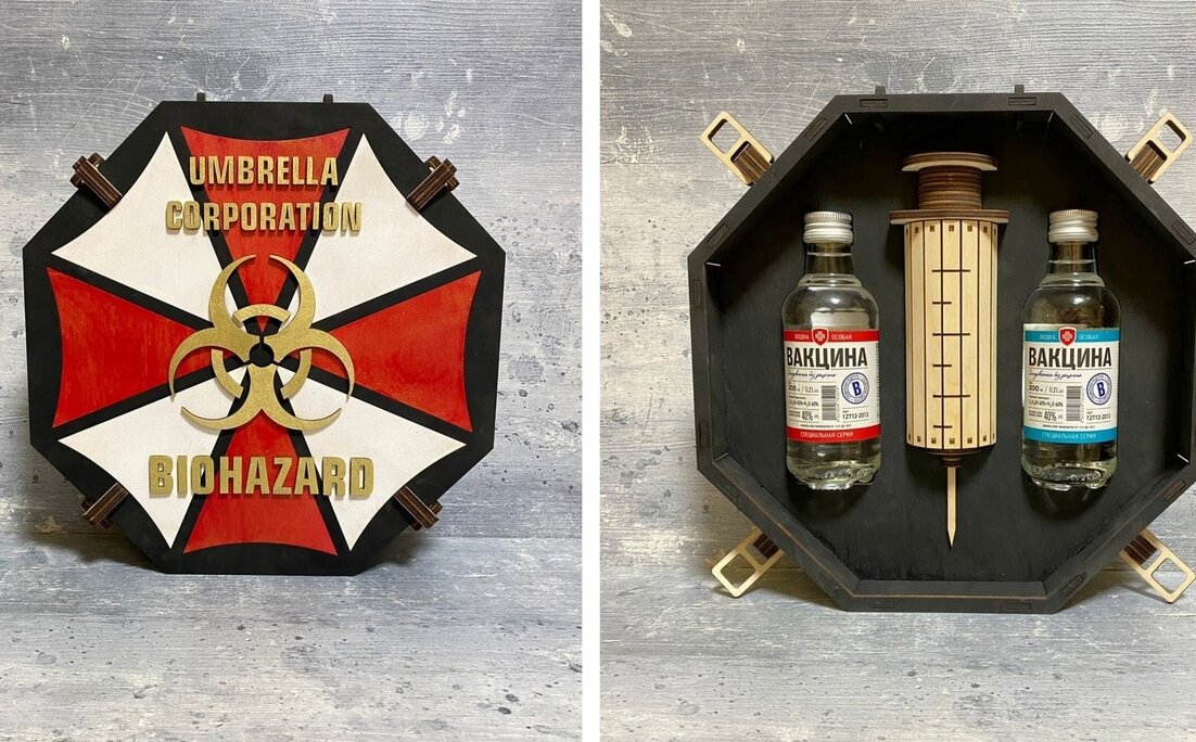 Σετ των 2 Intra απο ξύλο plywood 3mm-4mm πάχος – Κουτί δώρου Vodka Vaccine με Ξύλινη Σύριγγα Ομπρέλα Corps File 12x15 cm INTRAVECTRY-MY545880